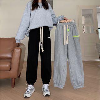 High-waist Drawstring Fleece-lined Gathered Cuff Pants