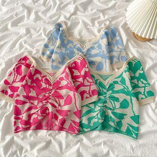Short-sleeve V-neck Print Knit Crop Top