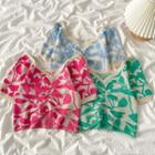 Short-sleeve V-neck Print Knit Crop Top