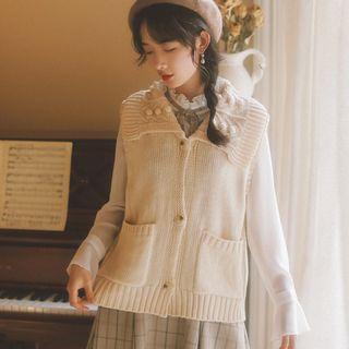 Pocketed Knit Vest Off-white - One Size
