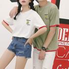 Couple Matching Smiley Face Embroidered Tipped Short Sleeve T-shirt