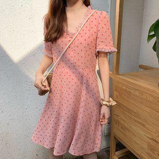 Short-sleeve Mesh Trim Polka Dot A-line Dress