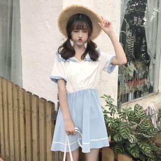 Short-sleeve Frill Trim Sailor Collar A-line Mini Dress As Shown In Figure - One Size