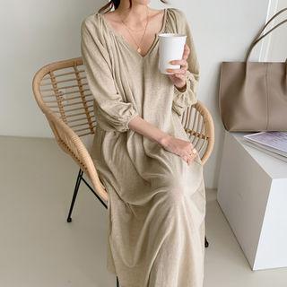 Linen Blend Long Peasant Dress Beige - One Size