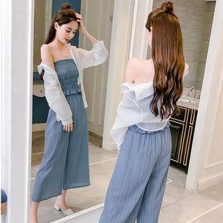 Set: Striped Tube Top + Cropped Wide-leg Pants + Light Jacket