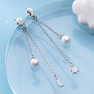 925 Sterling Silver Faux Pearl Moon & Star Fringed Earring 1 Pair - As Shown In Figure - One Size