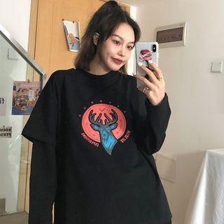 Deer Print Panel Sleeve Round Neck Top