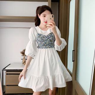 Set: Lantern Sleeve Plain A-line Dress + Floral Cropped Vest