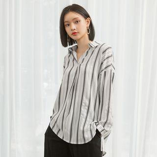 Open-placket Loose-fit Stripe Blouse White - One Size