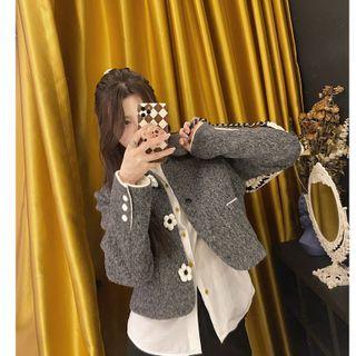 Flower Accent Contrast Trim Cropped Jacket / Checkerboard Mini Skirt