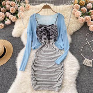 Set Of 2 : Long-sleeve Cardigan + Plaid Panel Spaghetti-strap Dress
