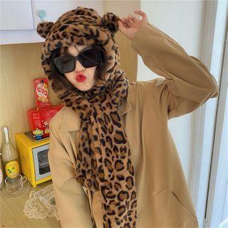 Leopard Pattern Small Bear Ear Hooded Scarf As Shown In Figure - One Size