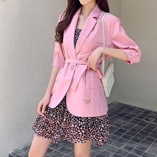 Set: Elbow-sleeve Single-button Blazer + Spaghetti Strap Heart Print Mini A-line Dress