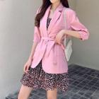 Set: Elbow-sleeve Single-button Blazer + Spaghetti Strap Heart Print Mini A-line Dress