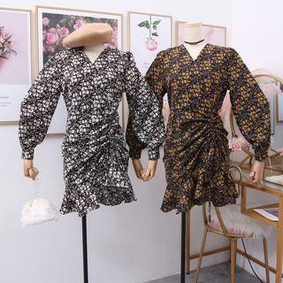 Ruffled Drawstring Floral Mini Dress