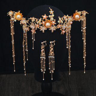Wedding Set: Faux Pearl Branches Tiara + Fringed Earring Set - As Shown In Figure - 1 Pair Clip On Earrings - One Size