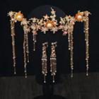 Wedding Set: Faux Pearl Branches Tiara + Fringed Earring Set - As Shown In Figure - 1 Pair Clip On Earrings - One Size