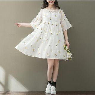 Set: Embroidered Elbow-sleeve Dress + Spaghetti Strap Dress