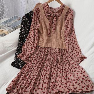 Set: Floral Print Long-sleeve Midi A-line Dress + Rib Knit Vest