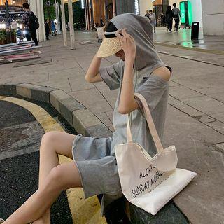 Off-shoulder Plain Hooded Dress