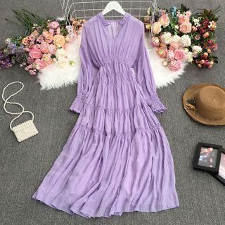 Set: Long-sleeve Shirred Midi A-line Dress + Slipdress