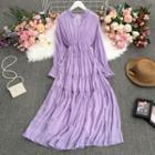Set: Long-sleeve Shirred Midi A-line Dress + Slipdress
