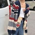Long-sleeve Color Panel Cable Knit Cardigan As Shown In Figure - One Size