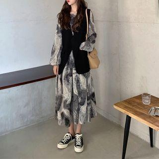 Long-sleeve Marble Print Midi A-line Dress / Open-front Vest