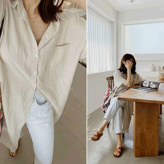 Elbow-sleeve Linen Blend Long Shirt