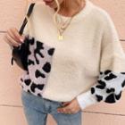 Leopard Print Faux Fur Crew-neck Long Sleeve Sweater