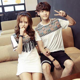 Couple Matching Patterned Short Sleeve T-shirt / Fringed Short Sleeve T-shirt Dress