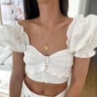 Puff-sleeve Square-neck Ruched Zip-up Crop Top