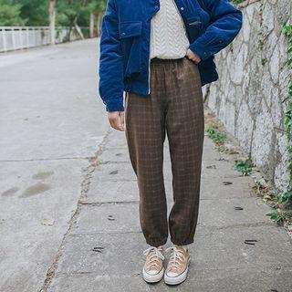 Plaid Fleece-lined Pants Dark Coffee - One Size