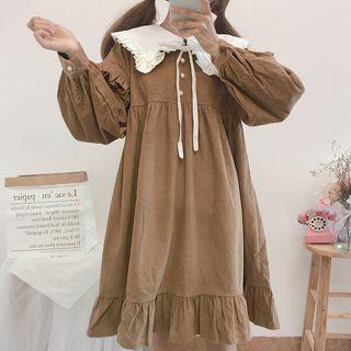 Balloon-sleeve Collared A-line Corduroy Dress Khaki - One Size