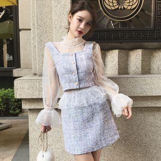 Set: Tweed Tank Top + Long-sleeve See-through Top + Mini Skirt