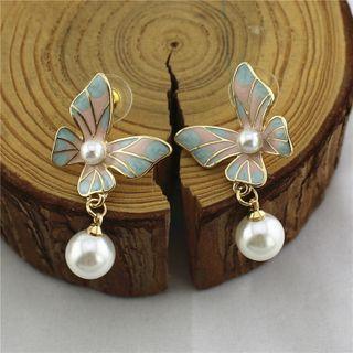 Butterfly Faux Pearl Alloy Dangle Earring 1 Pair - Blue & Pink - One Size