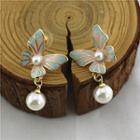 Butterfly Faux Pearl Alloy Dangle Earring 1 Pair - Blue & Pink - One Size