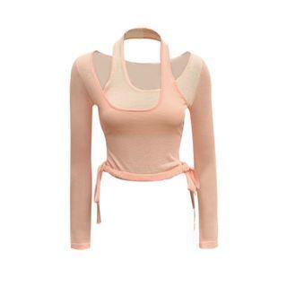Mock Two Piece Halter Long Sleeve Top