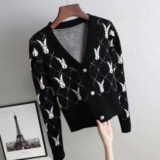 Rabbit Print Cardigan Black - One Size
