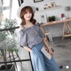 Floral & Stripe Off-shoulder Crop Shirt