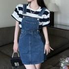Short-sleeve Striped T-shirt / Denim Mini Overall Dress