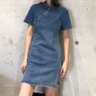 Frog-button Short-sleeve Mini A-line Denim Dress