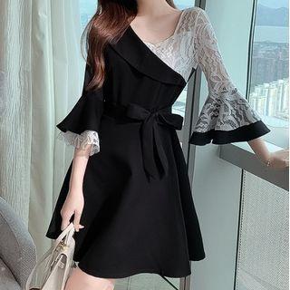 Lace Panel Flared-sleeve Mini A-line Dress