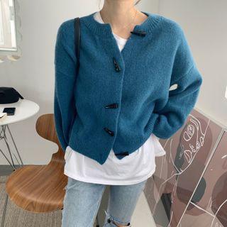 Long-sleeve Round-neck Plain Toggle-button Cardigan