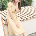 Square-neck Short-sleeve Plaid A-line Dress