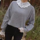 Round-neck Lace-detail Knit Top Gray - One Size