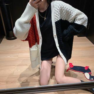 Color Block Knit Cardigan Black & White & Brown - One Size