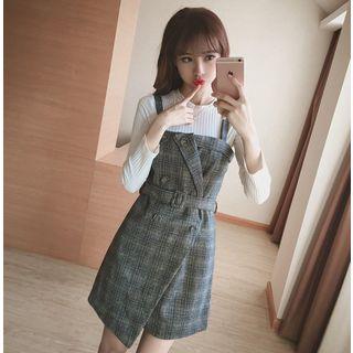 Set: Knit Pullover + Strappy Plaid A-line Dress