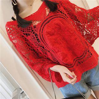 Set: Camisole Top + 3/4-sleeve Perforated Knit Top