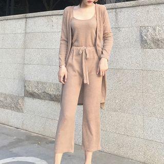 Plain Cardigan / Set: Spaghetti Strap Top + Wide Leg Pants